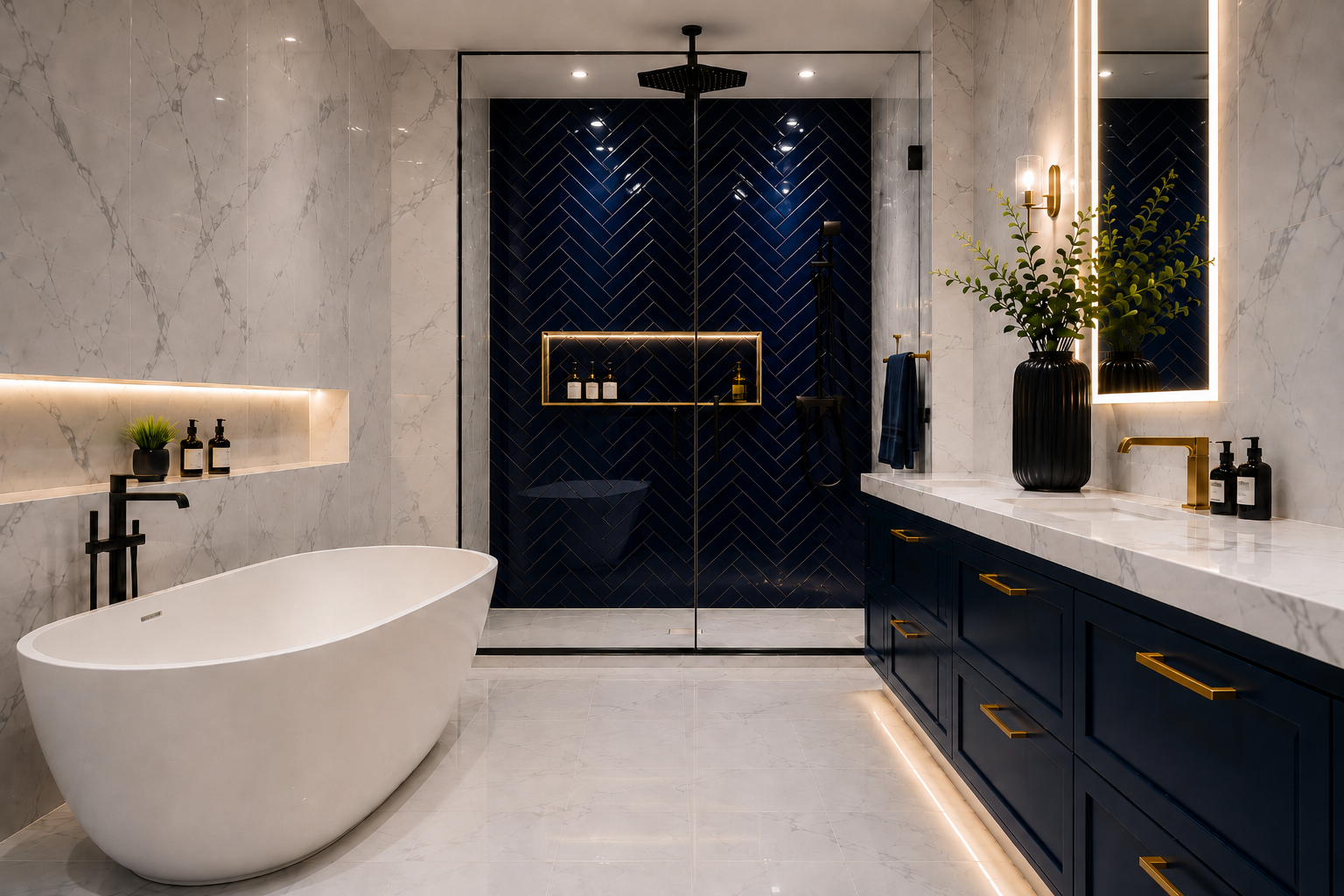 Luxury bathroom renovation with premium tile, freestanding bathtub, shower, and custom vanity