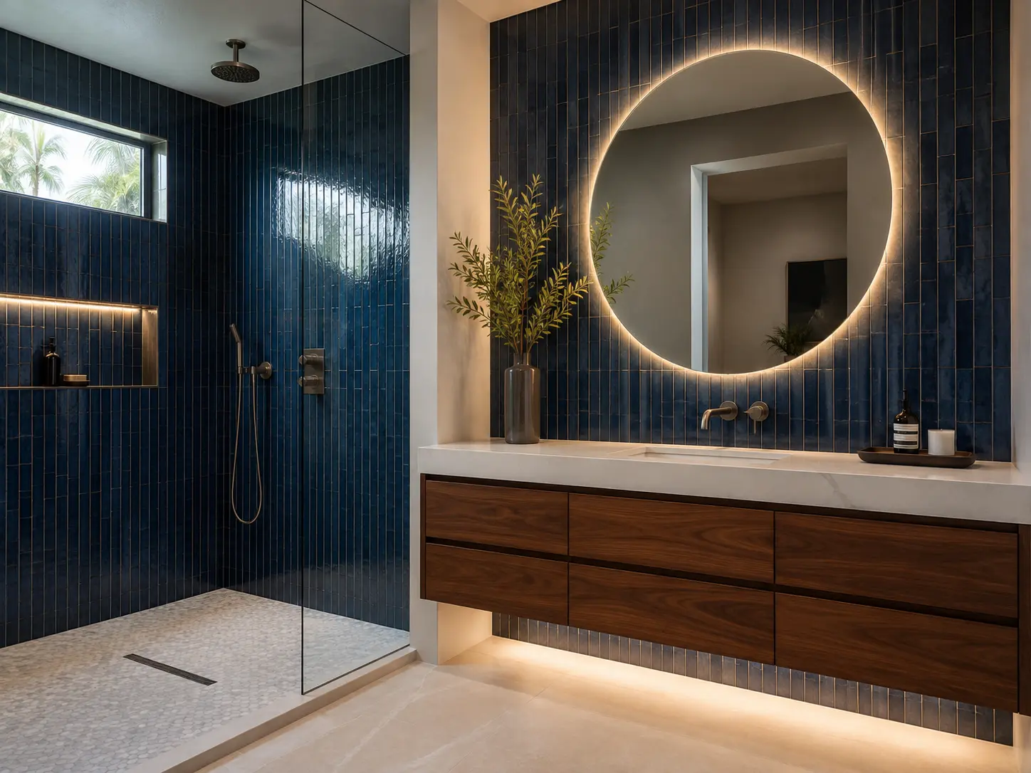 Bathroom design concept with deep blue vertical tile, walnut cabinetry, integrated lighting, and a walk-in shower.