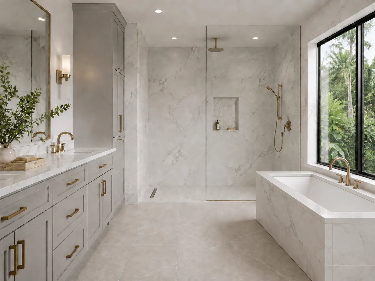 Bathroom design concept with softly veined marble, gray cabinetry, warm metal fixtures, and a marble-clad built-in soaking tub.