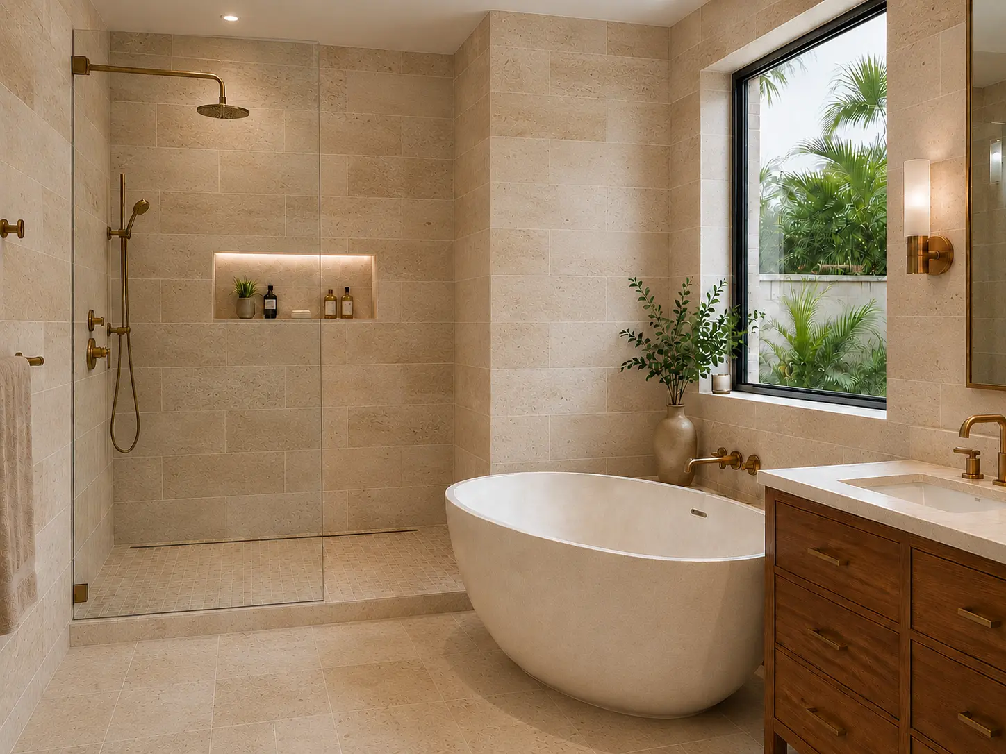 Bathroom design concept with warm rectangular stone tile, brushed brass fixtures, a freestanding tub, and natural light.