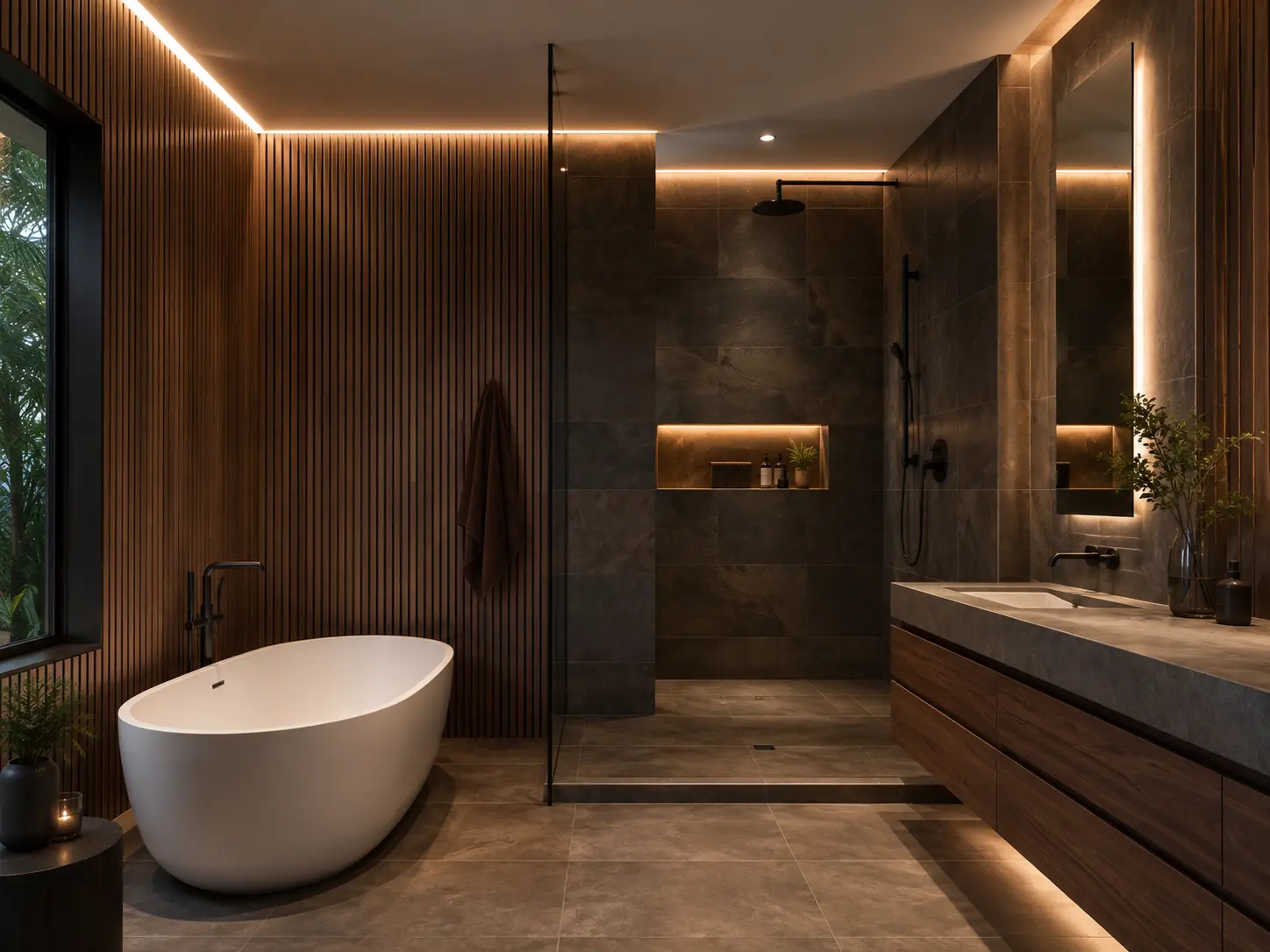 Bathroom design concept with graphite-brown rectangular tile, walnut slats, perimeter ceiling lighting, and a walk-in shower.