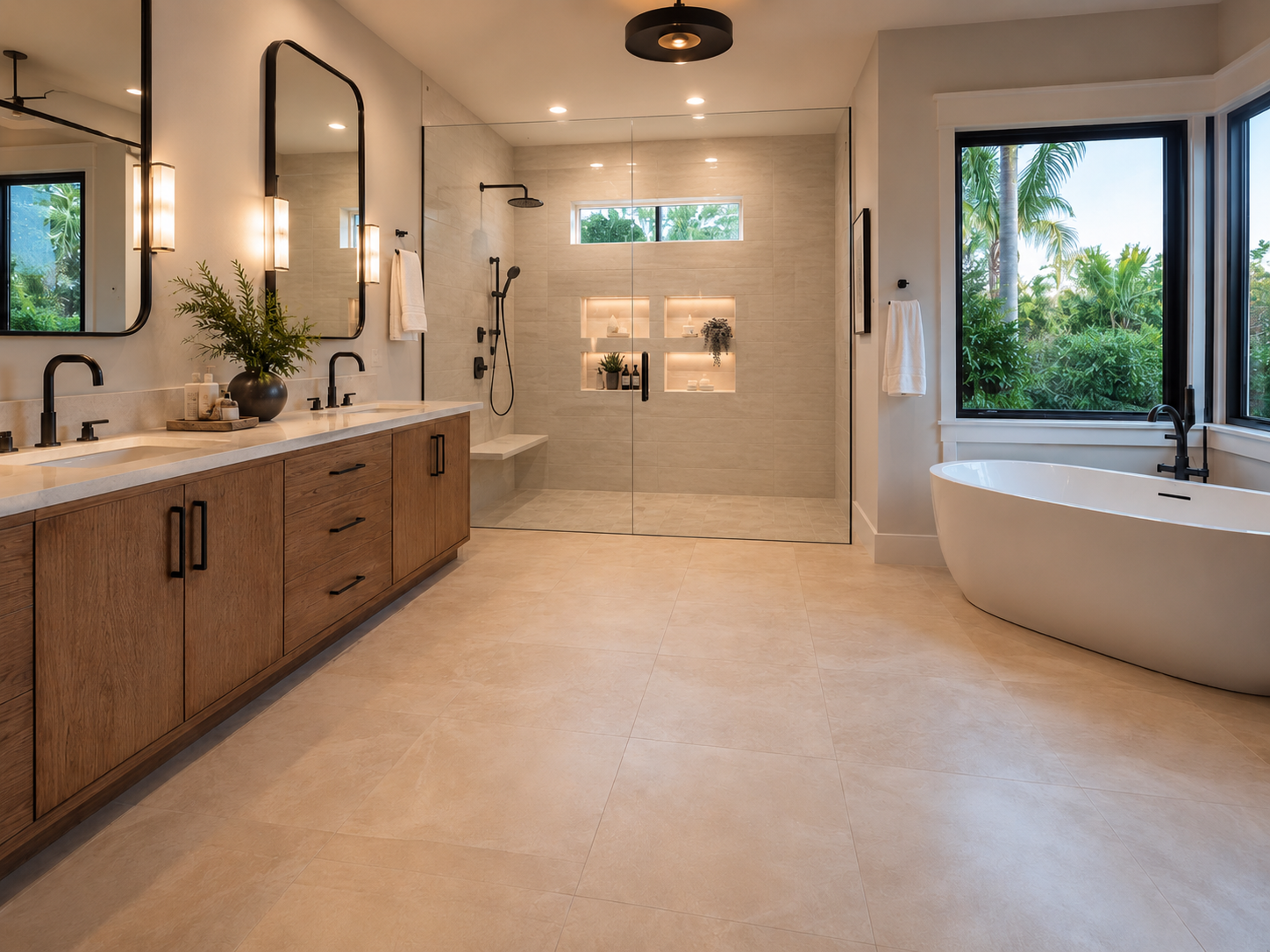 Bathroom with warm wood vanity, black fixtures, glass shower, and illuminated niches