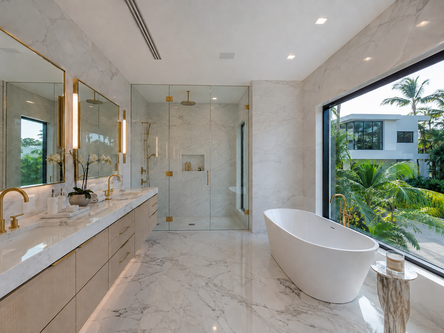 Luxury marble bathroom with brass fixtures, glass shower, freestanding tub, and tropical view