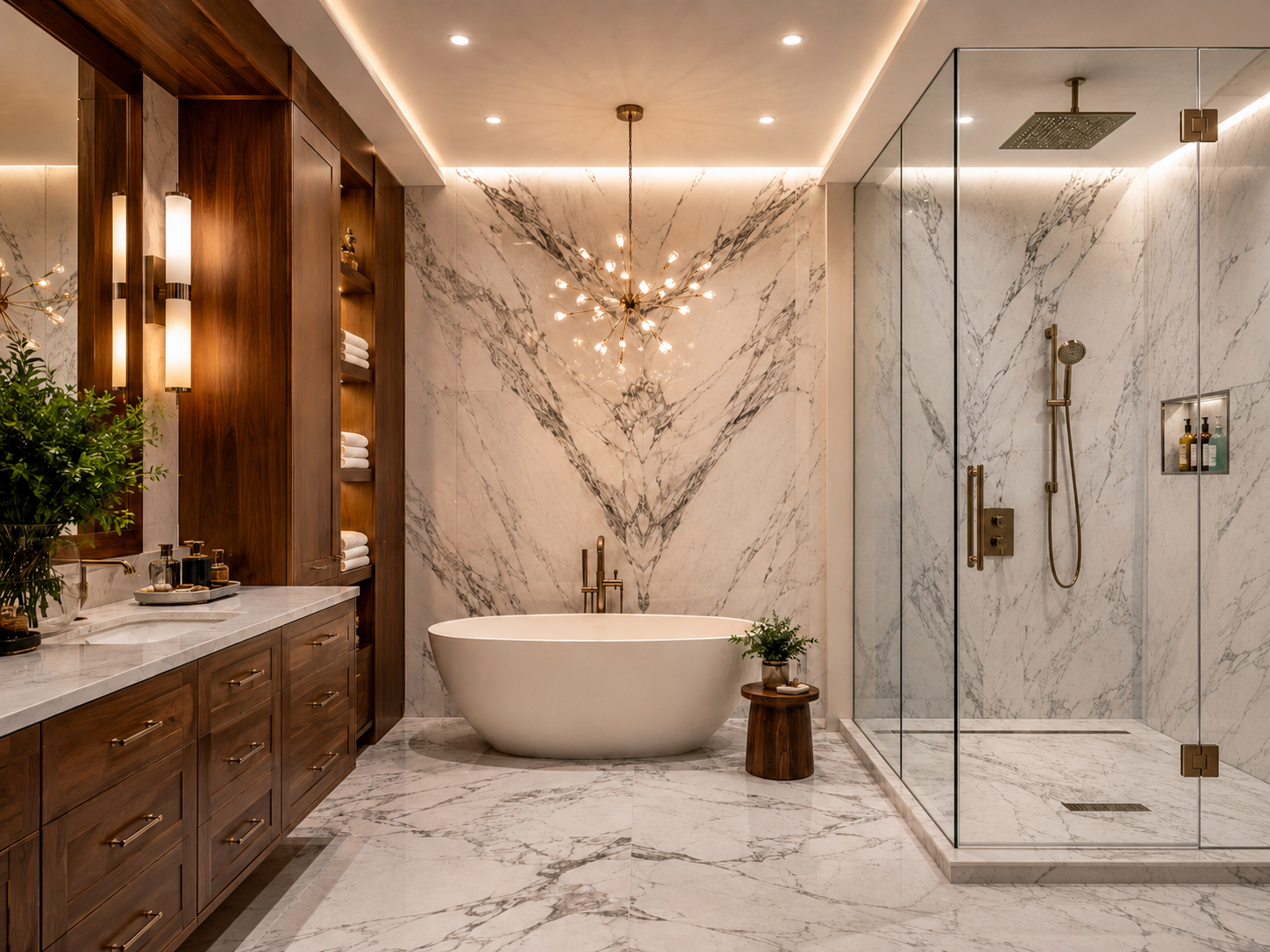 Completed bathroom remodel with frameless glass shower, double vanity, and light tile finishes