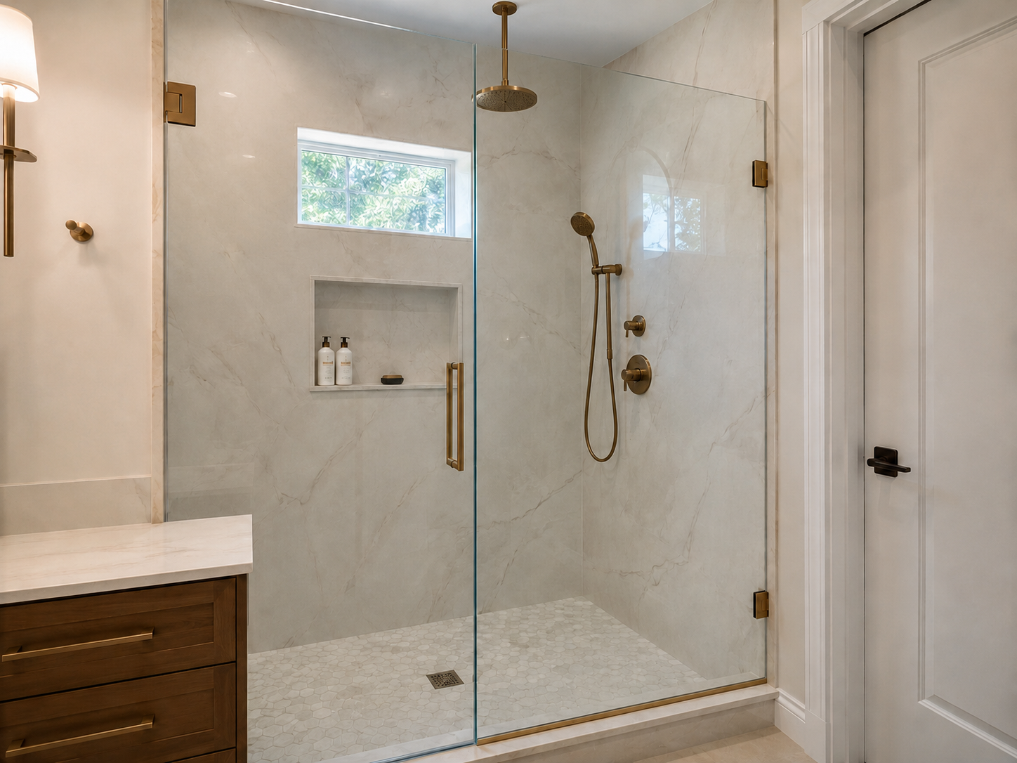 Frameless glass shower with large-format light wall tile and brass hardware