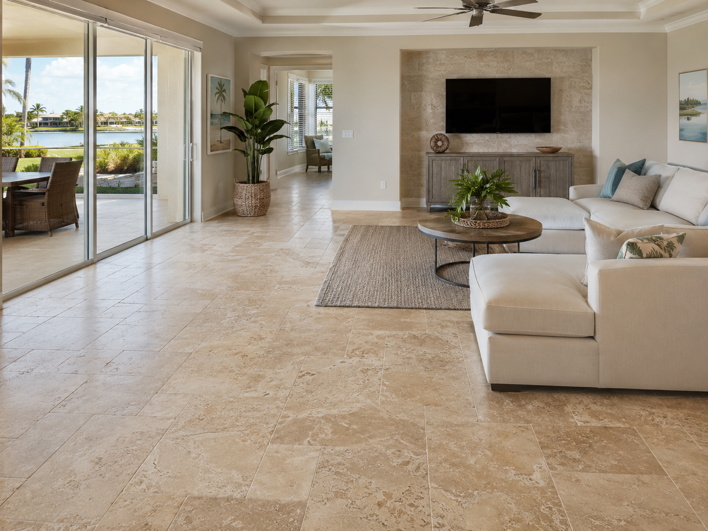 Natural stone flooring throughout a bright waterfront living room