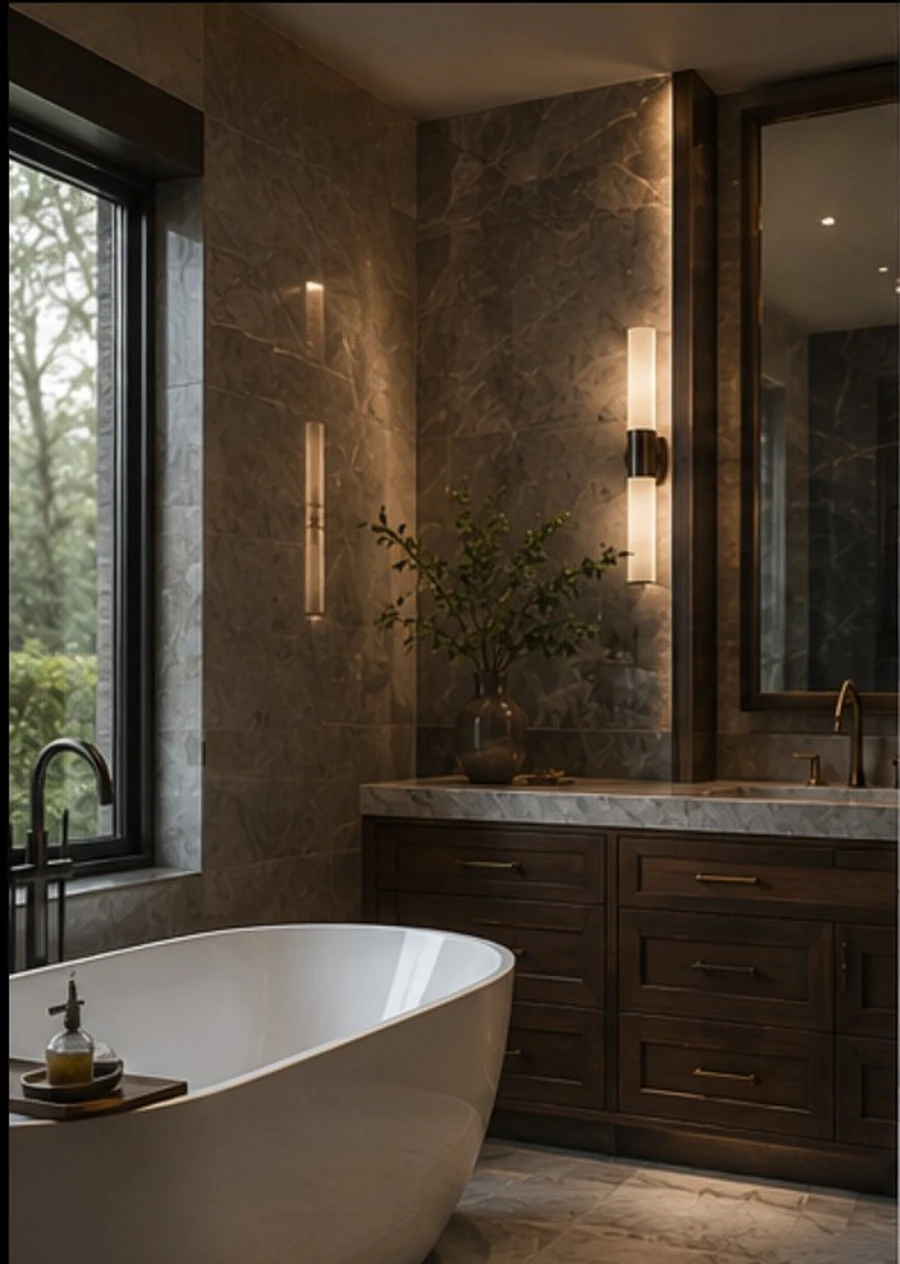 Luxury bathroom remodeling with freestanding tub, custom vanity, and stone tile