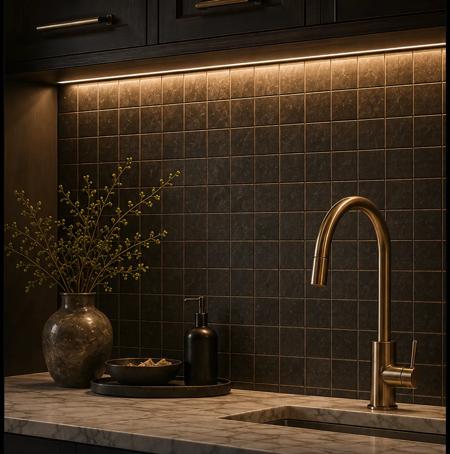 Dark square tile kitchen backsplash with brass faucet and under-cabinet lighting