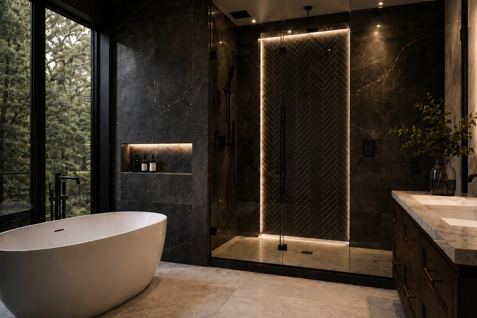 Luxury bathroom with custom shower, freestanding tub, and precision tile installation