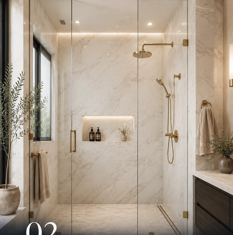 Light marble curbless shower with frameless glass and brass fixtures