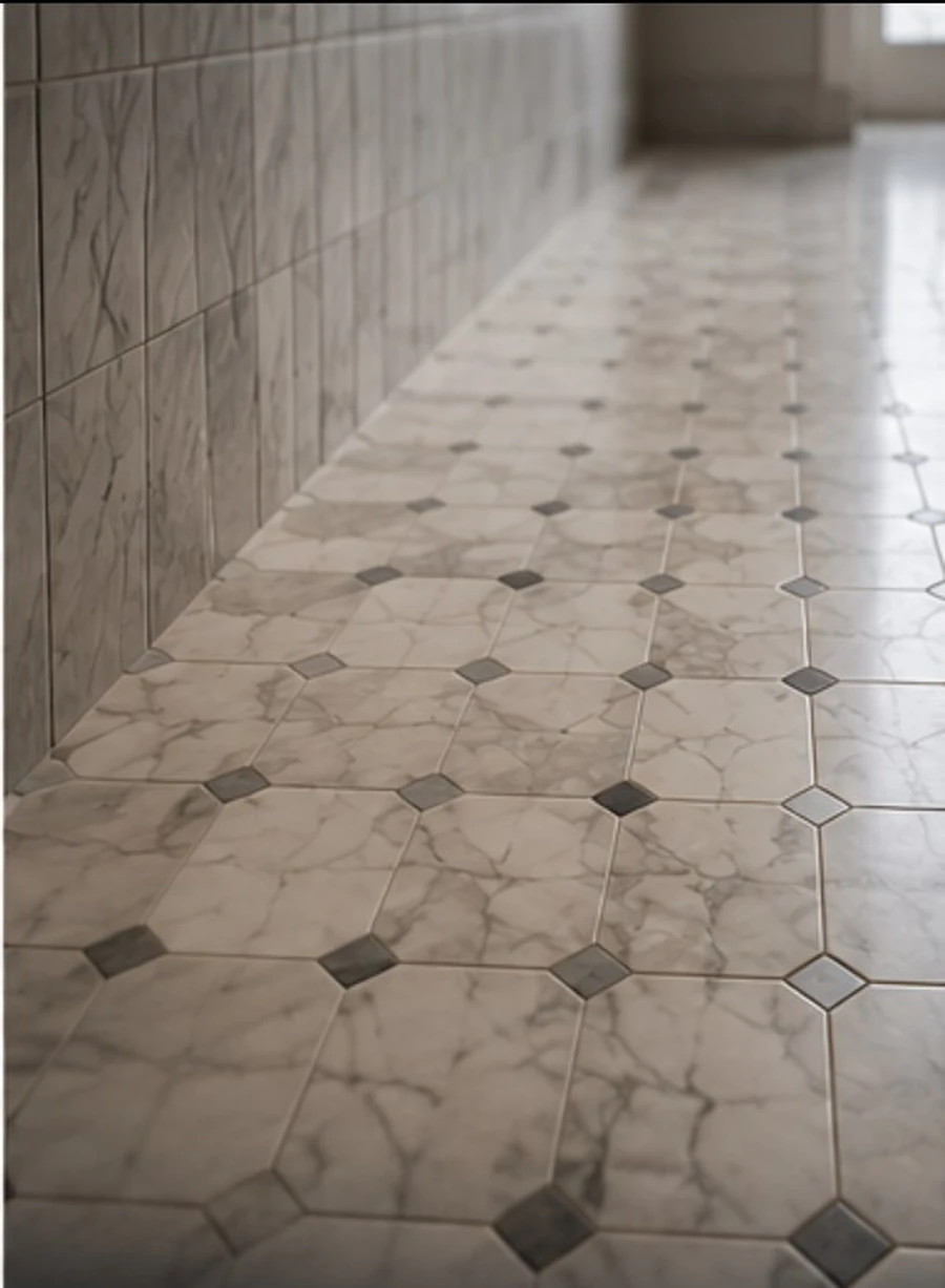 Precision marble tile installation with geometric stone floor pattern